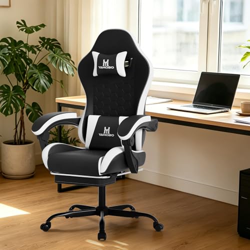 Image of Gaming Chair, Computer Office Chair with Footrest, Adjustable Height & Backrest Gaming Chairs with Swivel for Adults, High Back PU Leather Ergonomic Chair with Lumbar Support, Blackwhite