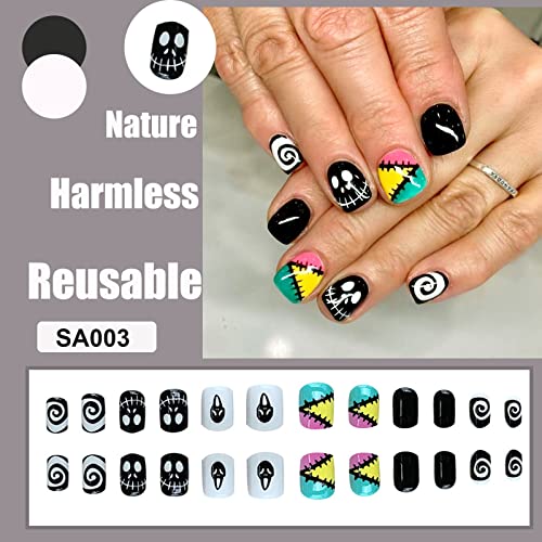 Qingge Halloween Press On Nails Short Length Square Horror Fake Nails With Skull Black Swirl Design Cool Glossy Acrylic Nails Stick On Nails Tips Glue On Nails False Nails For Women 24Pcs #TOP2