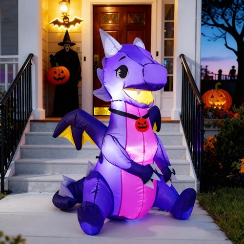 5 FT Halloween MiNi Dragon Inflatable Outdoor Decor Cute Purple Mini Dragon Inflatable with Built-in LED Lights for Yards Perfect for Indoor Parties Garden Lawns & Holiday Decorations