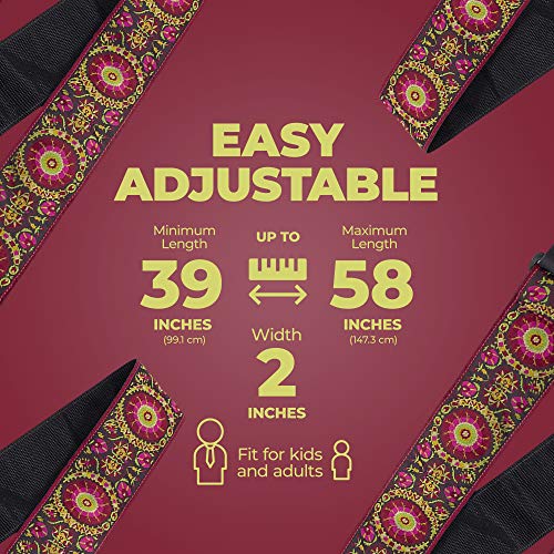 Couros Correia de Perri Jacquard guitarra com Termina couro, Burgundy Mandala, comprimento ajustável