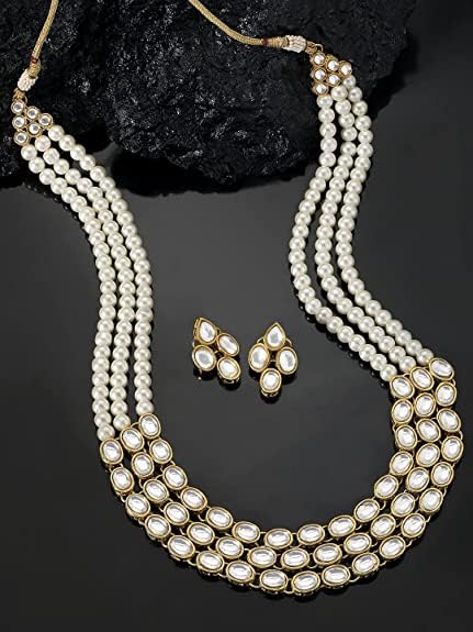 I Jewels White Kundan Studded Layered Pearl Necklace Jewellery Set with Earrings
