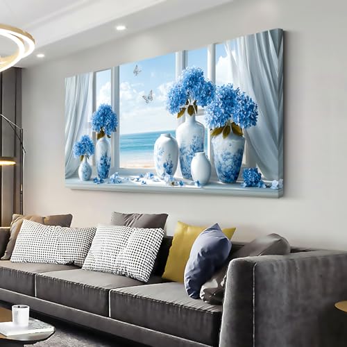 Aqua Blue Beach Window Wall Art for Living Room Canvas