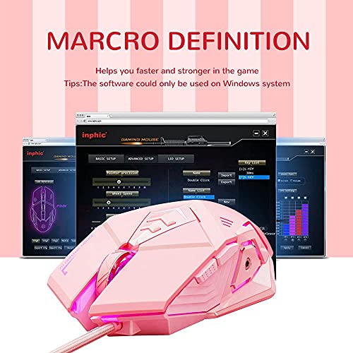 Inphic Pink Gaming Mouse. Usb Optical Wired Mouse. Rgb Backlight. 4 Levels Adjustable Dpi Up To 4800. Silent Click, Ergonomic And 7 Programmable Buttons Design. Pc Gaming Mice For Windows System. #TOP4