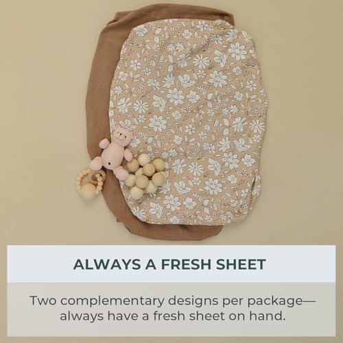 Image of Pobibaby 2 Pack Bassinet Sheets for Girls - Premium Cotton Blend Baby Girl Fitted Sheet Set, Soft Breathable Floral Jersey Knit for Rectangle Oval Bassinets, Newborn Nursery Bedding (Meadow)