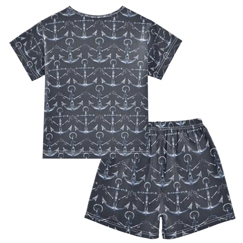 ALAZA Colorful Anchor Dark Blue Pajamas Set Short Sleeve Cotton Sleepwear Summer Pjs 2 Piece 5-14Y2