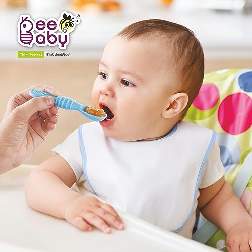 Image of BeeBaby Smushee Silicone Spoon for Baby 6 to 12 Months, Self Feeding Baby Spoon, Soft Silicone Baby Led Weaning Utensils, BPA Free First Stage Weaning Set for Infants, Pack of 2, Blue & Green