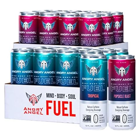 Angry Angel Popsicle Blast & Tropical Natural Energy Drink - (24 count) Mixed Pack - Zero Sugar - CoQ10 - Important B Vitamins - 12 oz Cans Cover