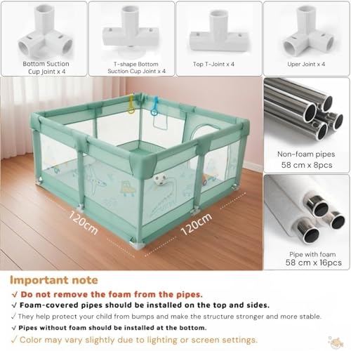 Image of Dawnwake 120x120 cm Playpen for Baby up to 3 Years with Safety Lock & Anti-Fall Grasp Rings (No Mat, Non-Foldable) - Green