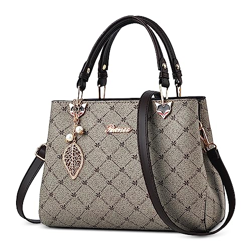 DIRRONA Damen Handtasche Mode Schultertasche Casual Umhängetasche PU Leder Tasche Shopper Party Top Tragetasche Eleganter Druck Frauen Henkeltaschen Grau A