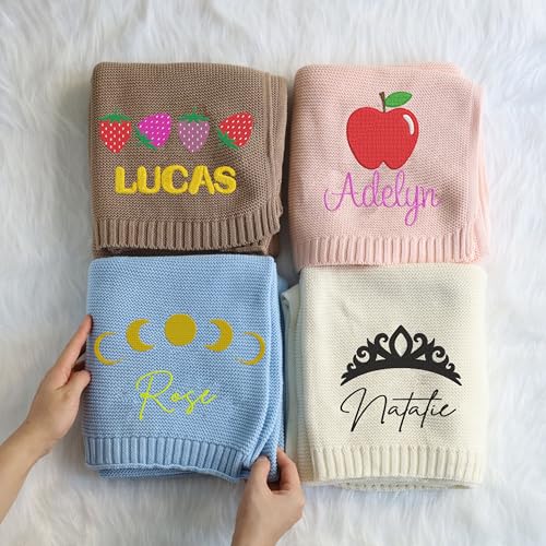 Image of LOVELYPOD Personalized Baby Girl Knit Blanket, Custom Embroidered with Name and Icon, 30x40in Nursery Blankets Gifts for Newborn Baby Girl, Newborn Holiday Shower Gift, Cotton Knit Stroller Design 01