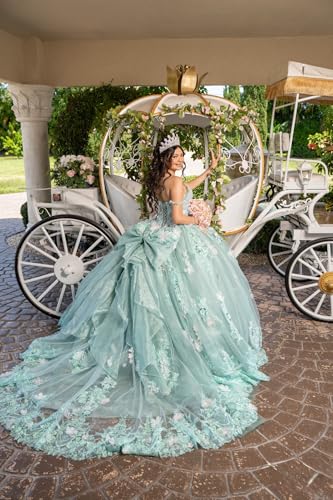 Mauuwy 3D Flower Quinceanera Dresses with Bow Off Shoulder Sweet 16 Dresses Sweetheart Applique Vestido De 15 Años3