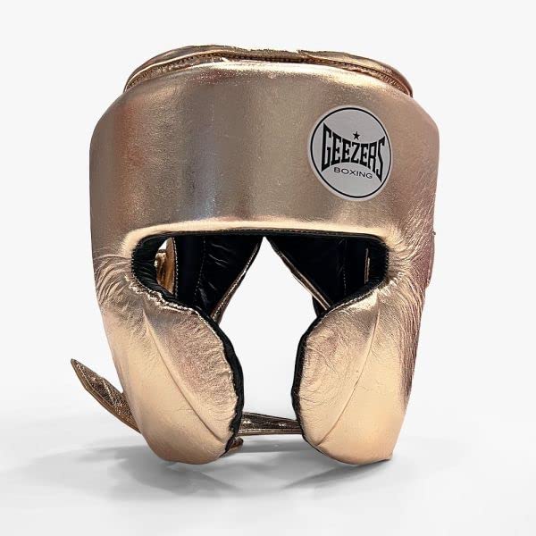 Geezers Boxing Elite Pro 2.0 Sparring Cheek head-guard, Ultra-durable Leather Material, layered padding protection Headguard for Boxing, MMA & Martial Arts, Men and women’s (GOLD, Small)