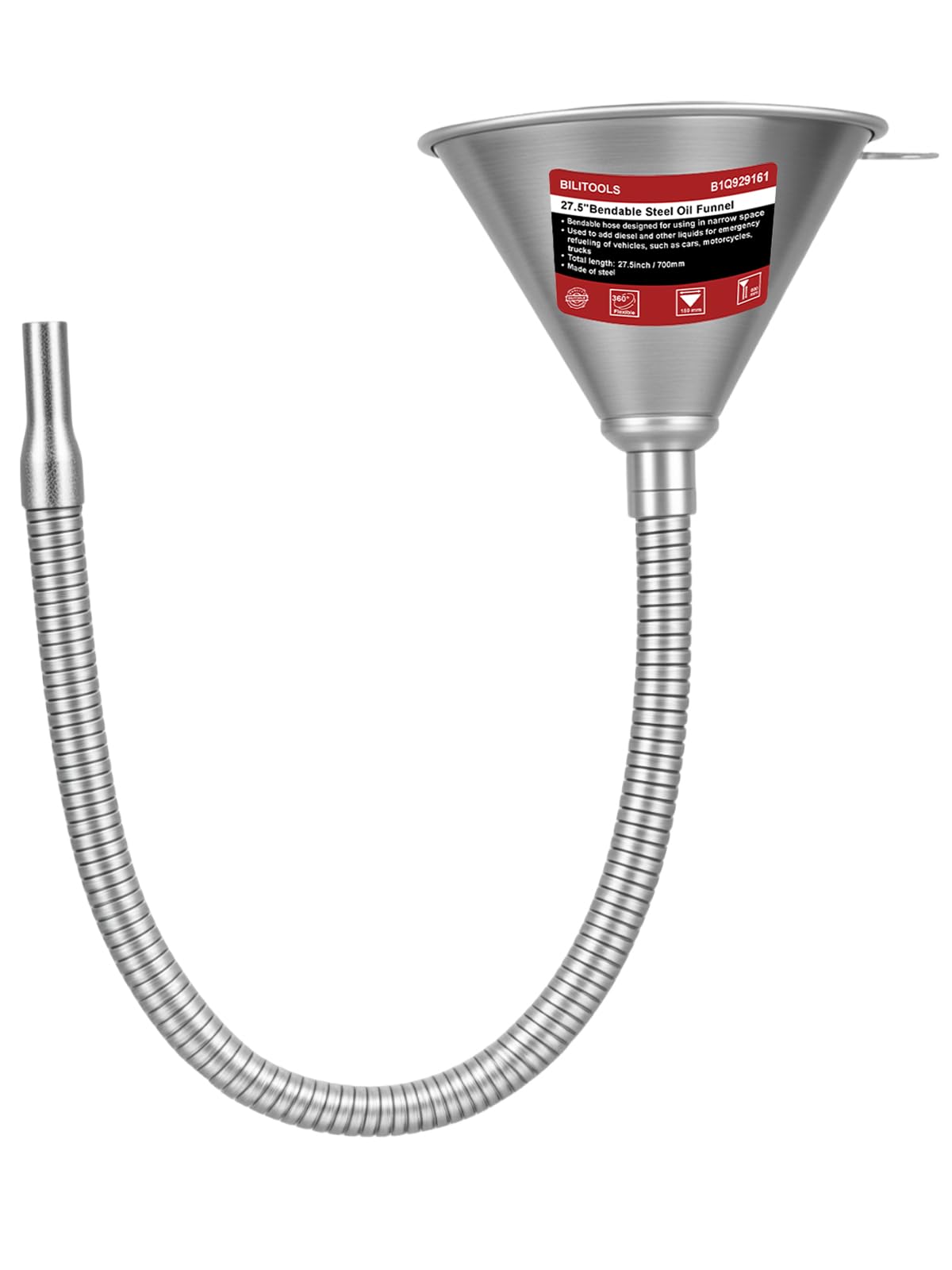 BILITOOLS Universal-Trichter, flexibler Öltrichter & Einfülltrichter aus Metall mit Sieb und 665 mm Schlauch, KFZ-Werkzeug für Ölwechsel (Motor/Getriebe), Benzin & Diesel – für Werkstatt & Heimwerker