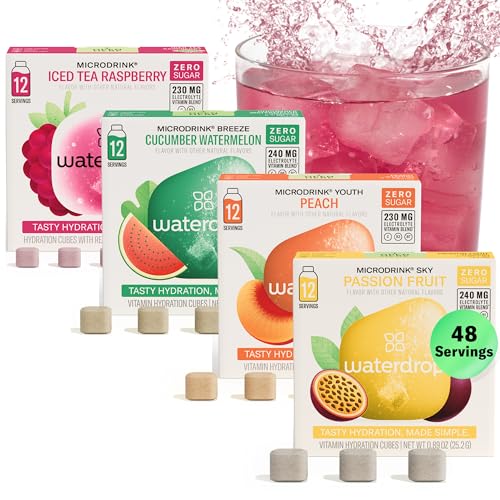 Waterdrop Hydration Cubes With Vitamin C, B Vitamins and Electrolytes, 4 Flavor Electrolyte Variety Pack, Flavored Water Enhancer Cubes for Still & Sparkling Water, Low Calorie, Sugar Free, 48 Count