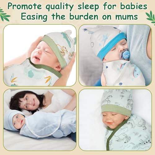 Image of Ramede 6-Pack Preemie Baby Swaddle Blankets with Hats, Breathable 100% Cotton Baby Swaddles, Suitable for Preemie Babies and Newborns, Soft Cotton, Adjustable(Whale,Blue and Green)