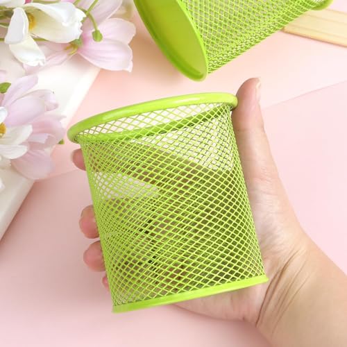 Image of Metal Mesh Pen Stand for Office & Home Desk | Black Stationery Holder Organizer for Pens, Pencils, Markers, Makeup Brushes | Durable Round Wire Mesh Pen Stand (Pack of 1) (green)