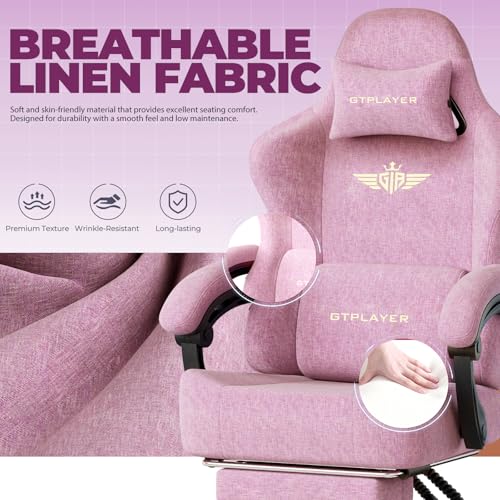 Image of GTPLAYER Big and Tall Gaming Chair with Pocket Spring Cushion, High Back Ergonomic Computer Chair with Footrest for Adults Lumbar Support Swivel Game Chair for Office Gaming 350LBS, Fabric Pink