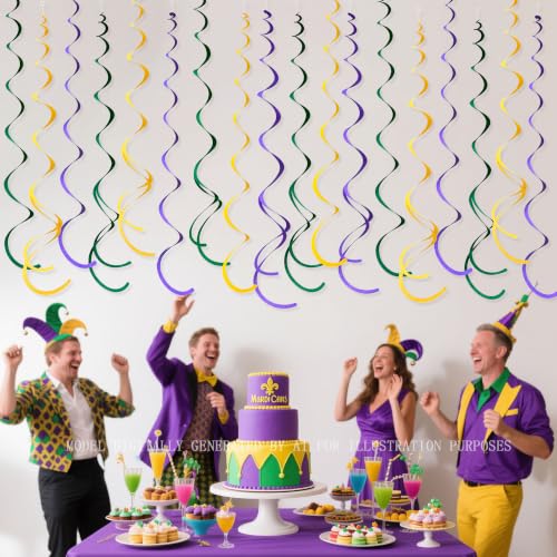 Image of 36 Pcs Green Yellow Purple Hanging Swirl Decorations Felt Swirl Streamer Spiral Ceiling Garland Banner for Mardi Gras Masquerade Theme Birthday Wedding Engagement Party Decor Supplies