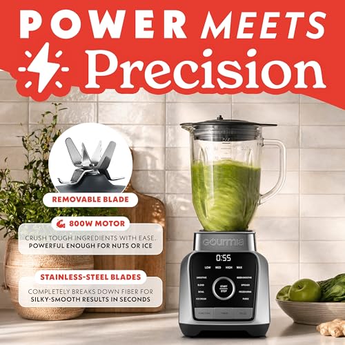 Image of Gourmia Countertop Blender - 8 Blend Programs, 4 Speeds, Pulse and Manual Mode, 56oz Pitcher, Digital Display with Integrated Timer, Round-Plated Tamper, Dishwasher-Safe Parts