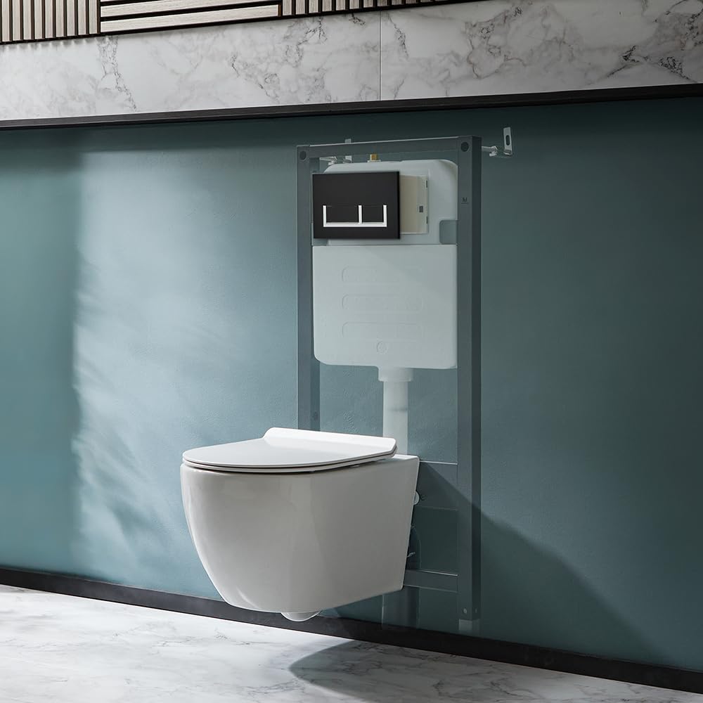 Milano Overton Wall Hung Rimless Toilet Tall Frame Dual Flush Cistern - Black Rectangular Plate