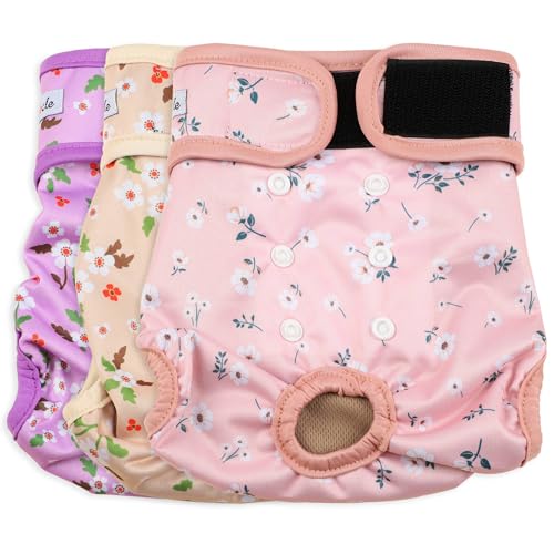 Image of Female Dog Diapers - Premium Reusable Diapers for Doggie in Heat - Highly Absorbent Dog Diapers Female for Pet Incontinence with Adjustable Snaps Flowers, S