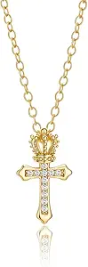 Crown Cross Pendant Necklace Chunky Cross Necklace for Women Statement Necklace 14K Gold Plated Dainty Cross Necklace