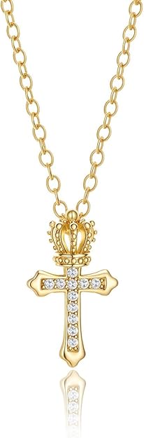 Crown Cross Pendant Necklace Chunky Cross Necklace for Women Statement Necklace 14K Gold Plated Dainty Cross Necklace