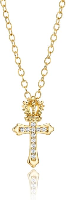 Crown Cross Pendant Necklace Chunky Cross Necklace for Women Statement Necklace 14K Gold Plated Dainty Cross Necklace