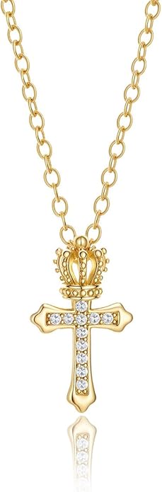 Crown Cross Pendant Necklace Chunky Cross Necklace for Women Statement Necklace 14K Gold Plated Dainty Cross Necklace