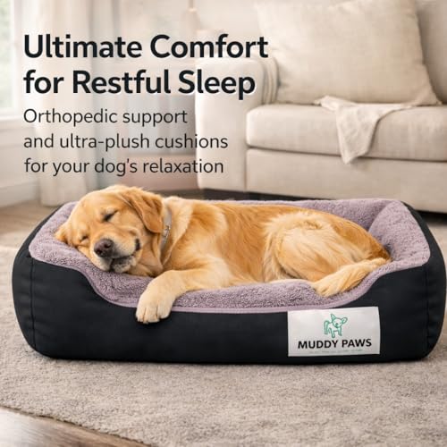 Image of MUDDY PAWS Reversible Sofa Style Dog Bed - XL (76 x 61 x 22 cm) - Plush Fur Surface, Removable Cushion & Anti-Skid Base - Black & Brown