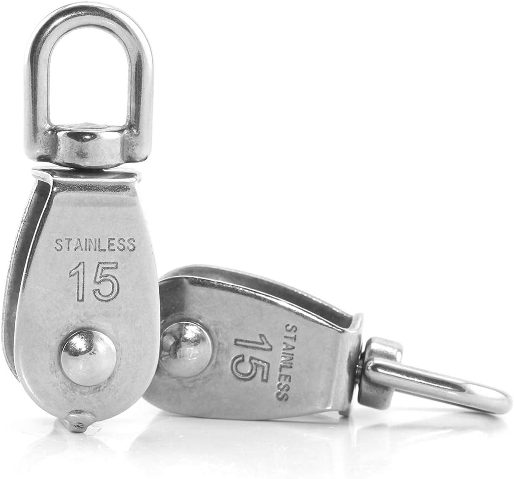 M15 Single Pulley Block, 2Pcs, Heavy Duty 304 Stainless Steel Heavy Duty Swivel Pulley Block, for Lifting, Cable Loading 35kg/77Lbs