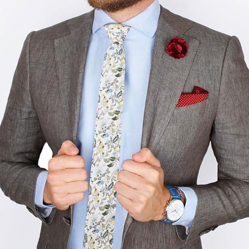 Image of Mantieqingway Men's Skinny Tie, Cotton Floral Ties for Men Wedding Necktie for Groom, Groomsmen, Missions, Dances
