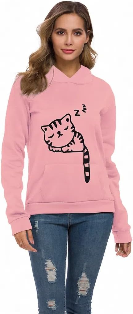 Women Teen Girls Hoodie Sweatshirt With Cute Cat Ear and Sleeping Cat Printed Pullover - Image 2