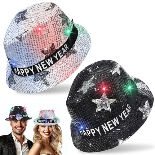TURNMEON 2 Pack Happy New Year LED Light Up Top Hats for Women & Men, Black & Silver Party Hats for New Year's Eve & Birthday Parties