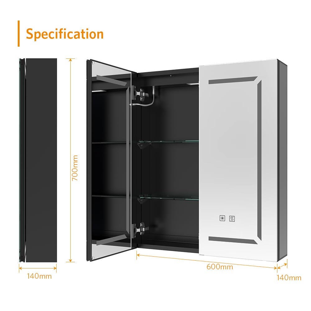 Quavikey® czarna szafka łazienkowa podświetlana LED 60x70cm naścienna, z 2 przyciemnianymi lustrzanymi drzwiami, przeciwmgielną, gniazdkiem na golarkę