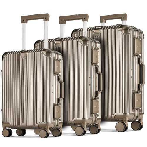 POSH Maleta rígida de policarbonato con marco de aluminio – Maleta de viaje de aluminio: equipaje de mano, tamaño mediano – Carros con doble cierre TSA y 3 fundas protectoras, dorado, CONJUNTO