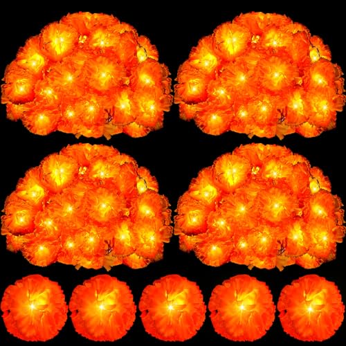 Retisee Marigold Garland Lights 9.8ft 20 LED Artificial Marigold Flowers Home Decor Orange Fairy Curtain Lights Battery Operated for Diwali Day of The Dead Pooja Party Decoration (4 Pack)