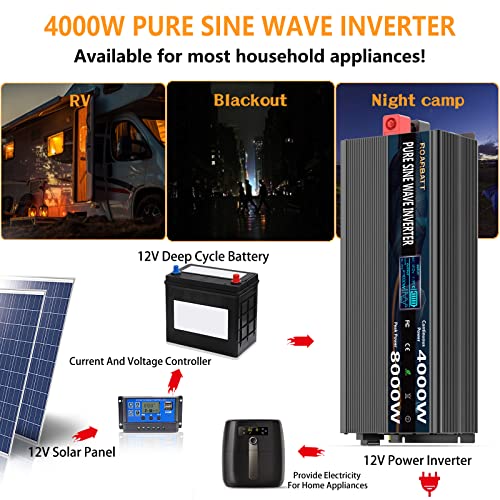 Image of 4000W Pure Sine Wave Power Inverter 12V DC to 110V /120V AC, 8000W Peak with Remote Control, 4 AC Outlets, Dual USB, LED Display, Heavy Duty Converter for RV, Truck, Solar System, Off-Grid & Emergency