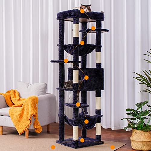 Image of Heybly Cat Tree for Large Cats 20 lbs, 69 inches Cat Tower HCT031G | Heavy Duty Cat Condo for Indoor Cats, Multi-Level Furniture with Big Padded Plush Perch, Cozy Basket, Smoky Gray