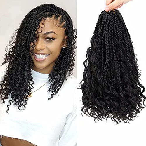 14 Inch Goddess Box Braids Crochet Hair Bohomian Crochet Box Braids Curly Ends 8 Pack 3X Crochet Braids Synthetic Braiding Hair Extension Natural Black Color(1B#)