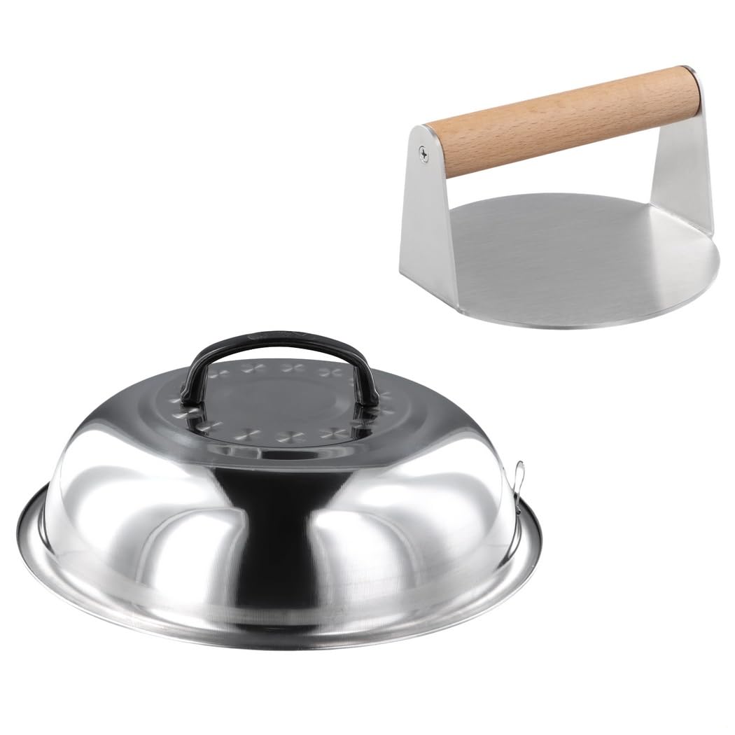 Burgerpresse und 29 cm Schmelzkuppel, Edelstahl-Burgerpresse zum Grillen und Kochen, 13 cm