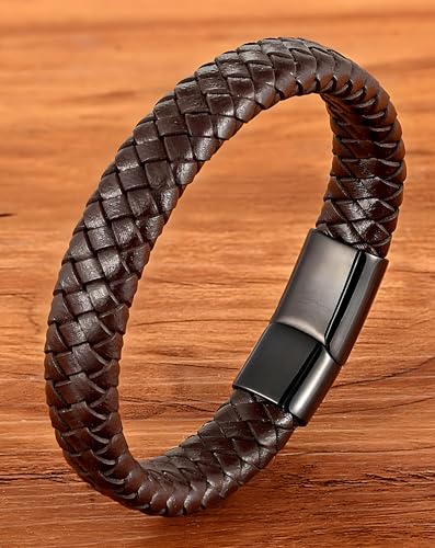 Leather Bracelet for Men, Braided Mens Cuff Bracelets with Stainless Steel Clasp Stacked Multi Style Color Anniversary Father's Day Birthday Christmas Jewelry Gifts for Him3