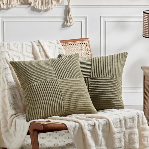 Image of Fancy Homi 2 Packs Olive Green Decorative Throw Pillow Covers 18x18 Inch for Living Room Couch Bed Sofa, Rustic Farmhouse Boho Home Decor, Soft Corss Corduroy Patchwork Textured Cushion Case 45x45 cm