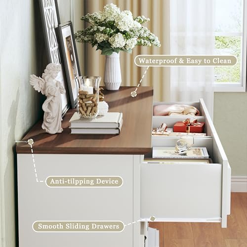 Image of HUAHUU Farmhouse 9 Drawer Dresser for Bedroom, 60 inch Wide Wood Dresser with Roman Column, Chest of Drawers with Antique Bronze Circle Handles, Storage Organizer for Living Room, Hallway, Entryway, White
