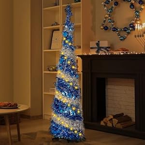 Huray Rayho Hanukkah Decorations for Home Pop-up Collapsible Christmas Tree with 50 Lights Tinsel Pencil Tree with Menorah Star of David Chanukah Indoor Outdoor Party Decor Fireplace Porch Office 5FT Huray Rayho Hanukkah Decorations for Home Pop up Collapsible Christmas Tree with 50 Lights Tinsel Pencil Tree with Menorah Star of David Chanukah Indoor Outdoor Party Decor Fireplace Porch Office 5FT
