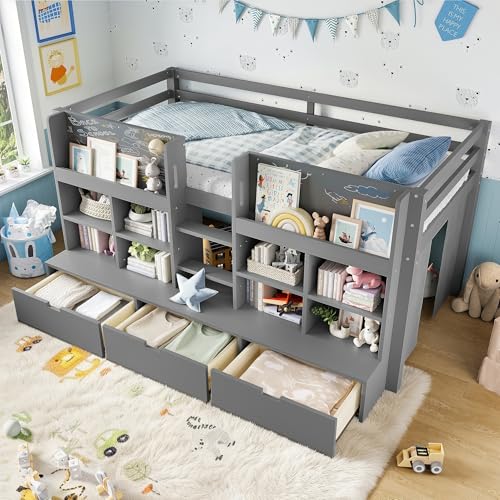 Image of Twin Size Low Loft Bed for Kids with Storage Shelves, Play Curtain & Chalkboard,Space-Saving Design,No Box Spring Needed (Gray-S7)