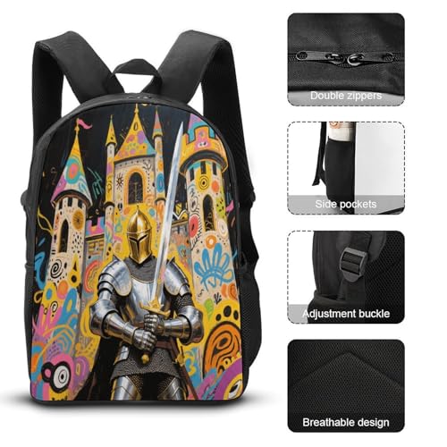 Printed Backpack With Lunch Pack Storage Box Case Castle Knight 3pcs Lightweight Travel Backpack3