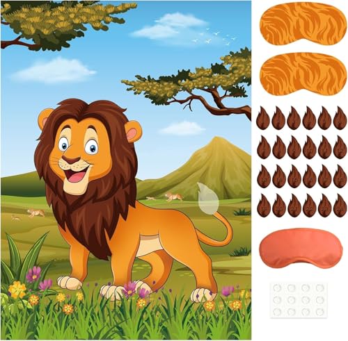 PLULON Pin The Tail on The Lion Party Game Kids Lion Games Poster for for Lion Party Favors Boys Birthday Party Supplies Party Decorations