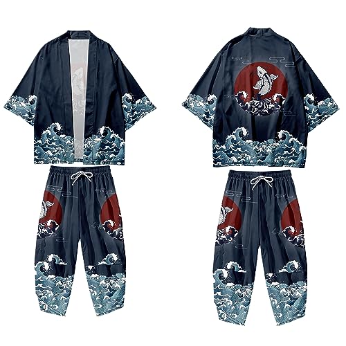 Image of DOSLAVIDA Men's Japanese Kimono Jacket Set Stylish Open Front Coat With Shorts Chinese Style Printed Cardigan Suit