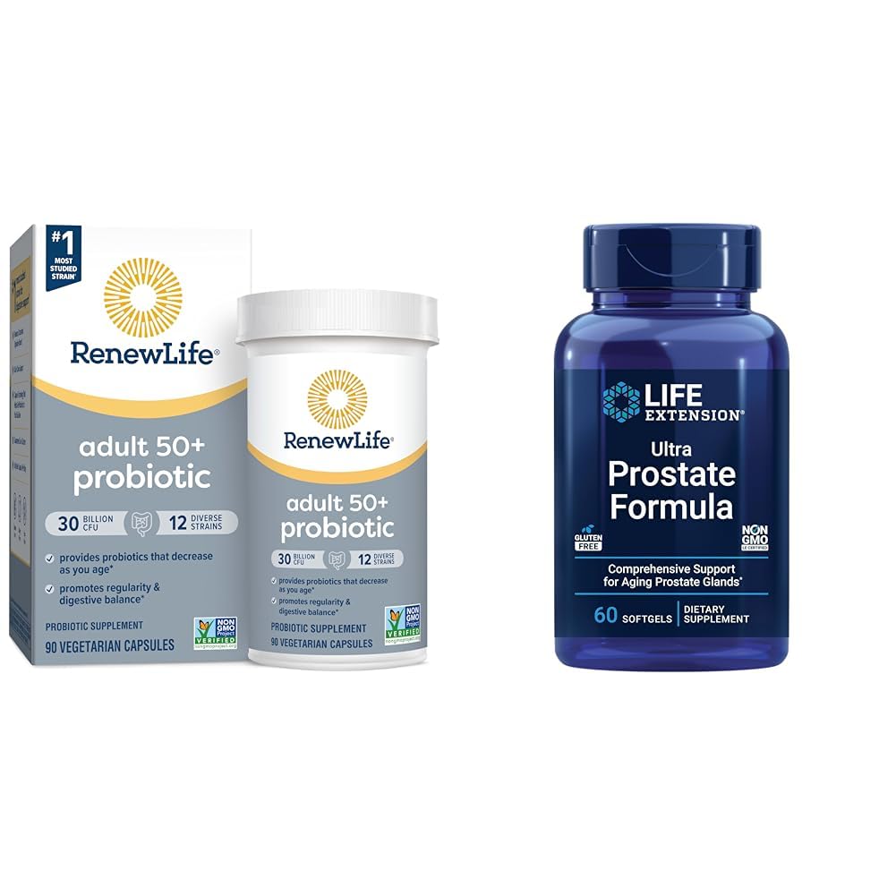 Renew Life Probiotic Adult 50 Plus Probiotic Capsules, Daily Supplement Supports & Life Extension Ultra Prostate Formula, Saw Palmetto for Men, pygeum, stinging Nettle Root
